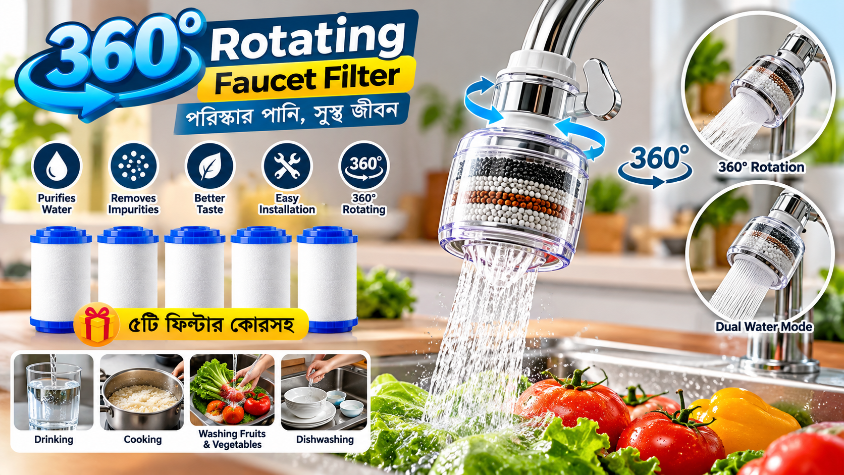 360° Rotating Faucet Filter – ৫টি ফিল্টার কোরসহ